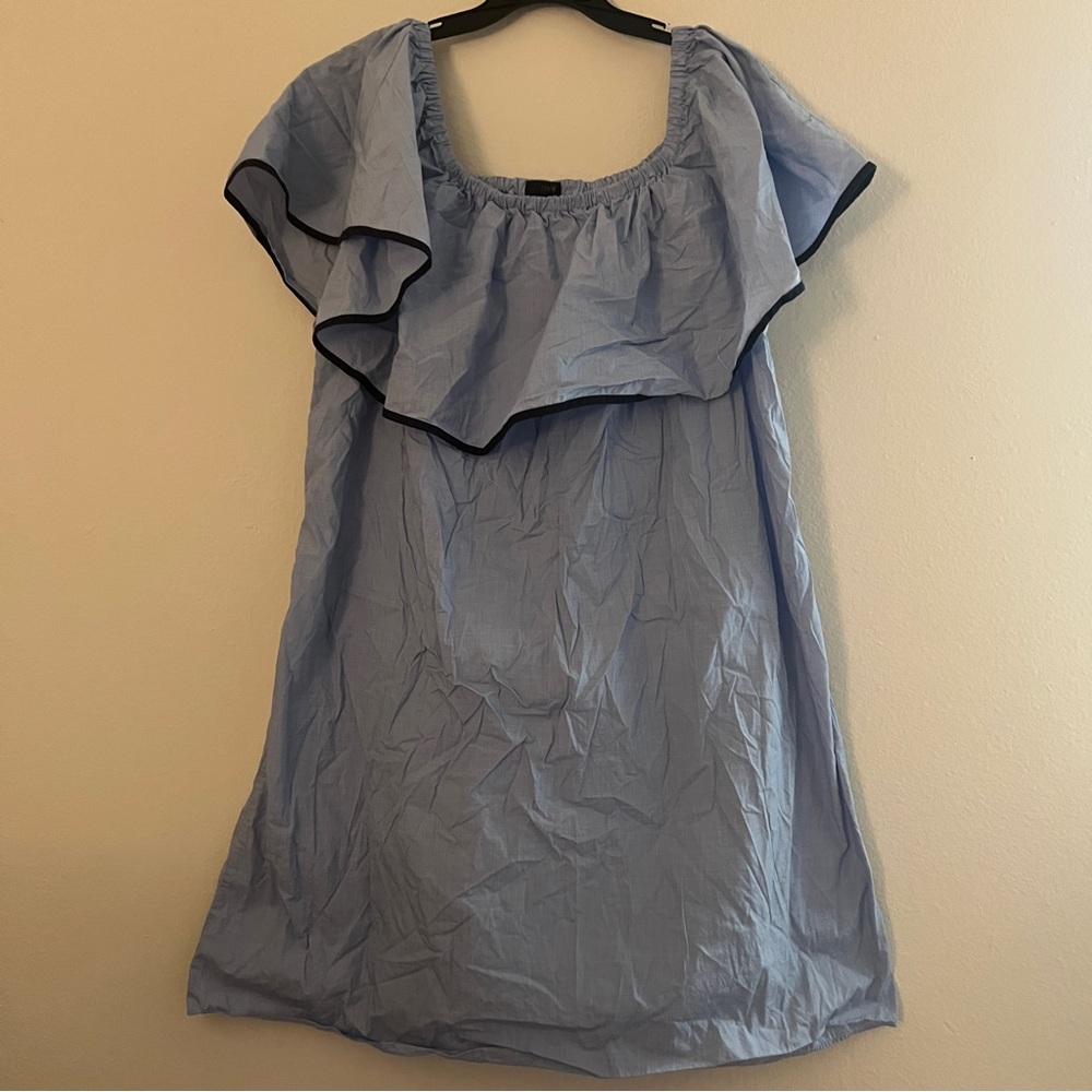 J. Crew Light Blue Chambray Off-Shoulder Ruffle Dress with Black Trim XXL